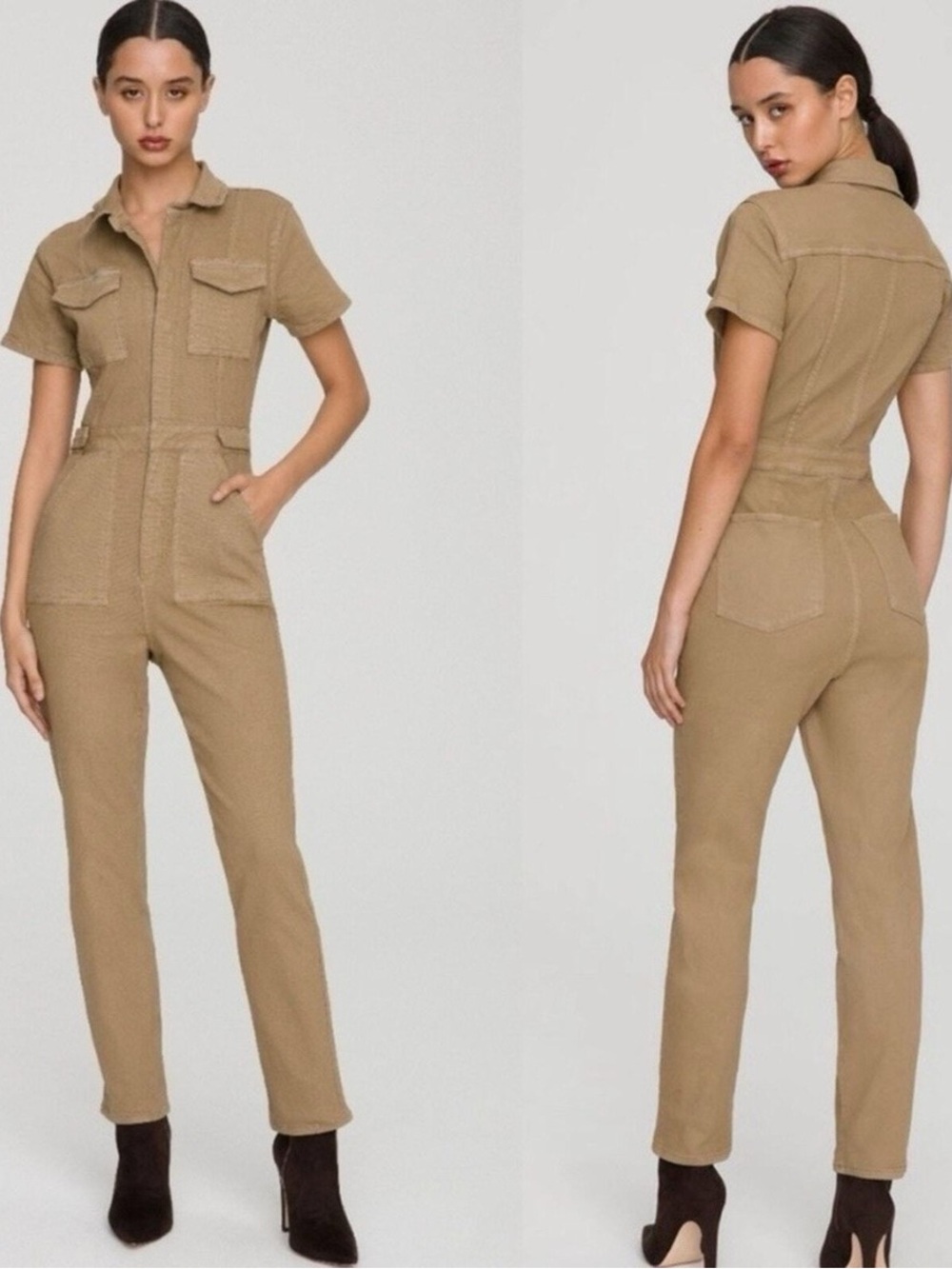 Good American Women’s Fit For Success Stretch Cotton Utility Tan Twill Jumpsuit